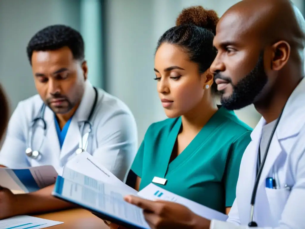 Intensa discusión médica sobre suplementos para diabéticos Grupo diverso de profesionales médicos debatiendo sobre suplementos nutricionales para diabéticos en una sala de conferencias moderna y especializada