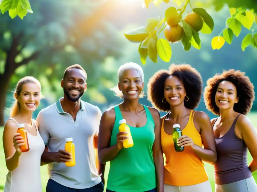 Multivitaminas: Vitalidad y bienestar en el parque Un grupo diverso y sonriente disfruta de la naturaleza y los multivitamínicos, irradiando vitalidad y bienestar