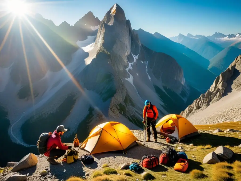 Preparación en la montaña: Desafíos y triunfos Un grupo de escaladores experimentados prepara su equipo en la base de una majestuosa y bañada por el sol cumbre