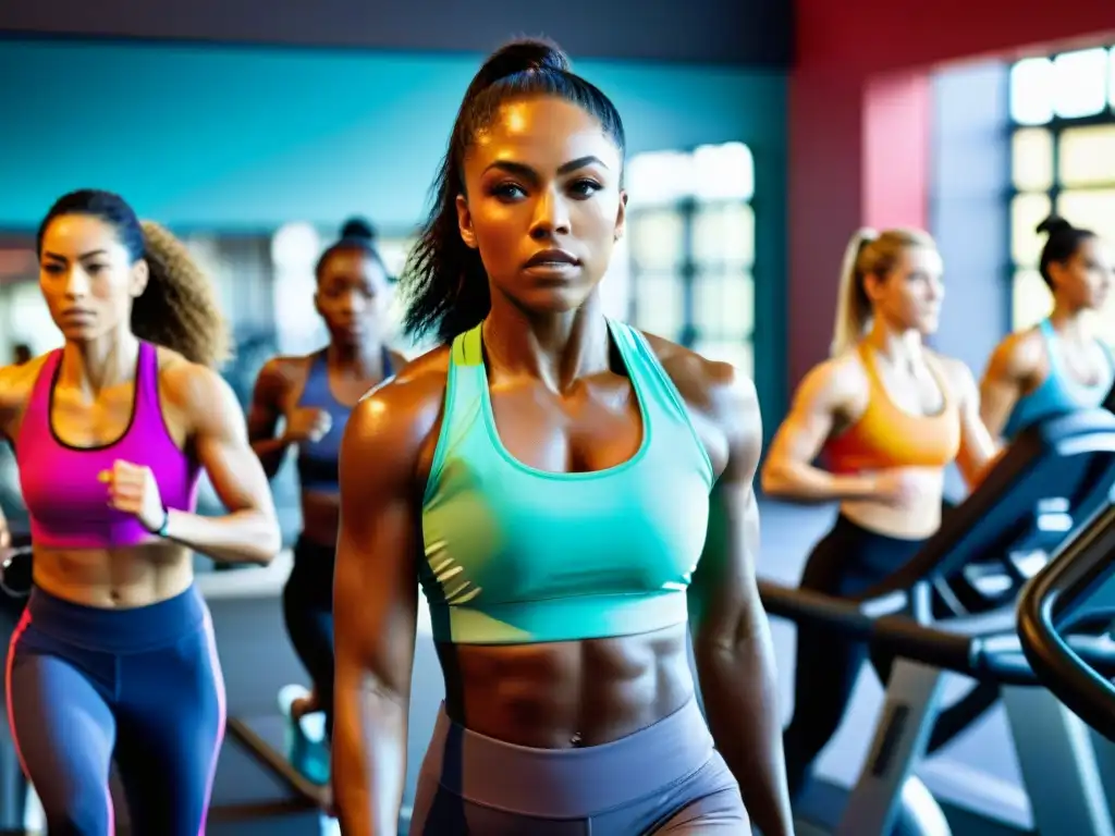 Atletas femeninas enérgicas desafían límites en un gimnasio moderno Grupo de mujeres atletas se esfuerzan en el gimnasio, reflejando determinación y potencia