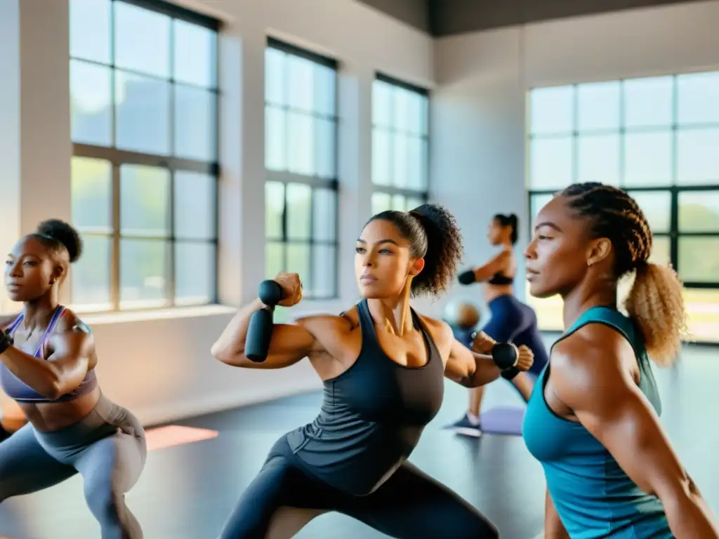 Mujeres fuertes: Empoderamiento y determinación en el gimnasio Un grupo de mujeres diversas en ropa deportiva, levantando pesas y usando bandas de resistencia en un gimnasio luminoso y espacioso
