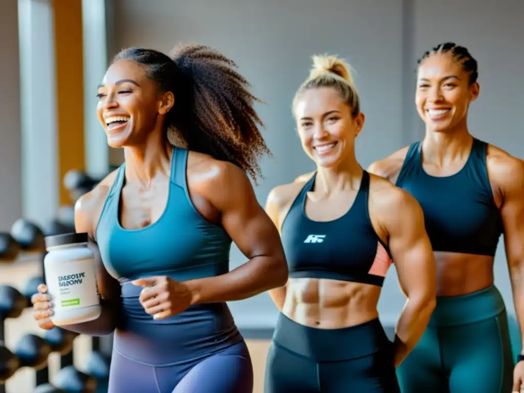 Empoderamiento femenino y suplementos: Historias de transformación Un grupo de mujeres diversas en ropa deportiva, radiantes y seguras en un gimnasio