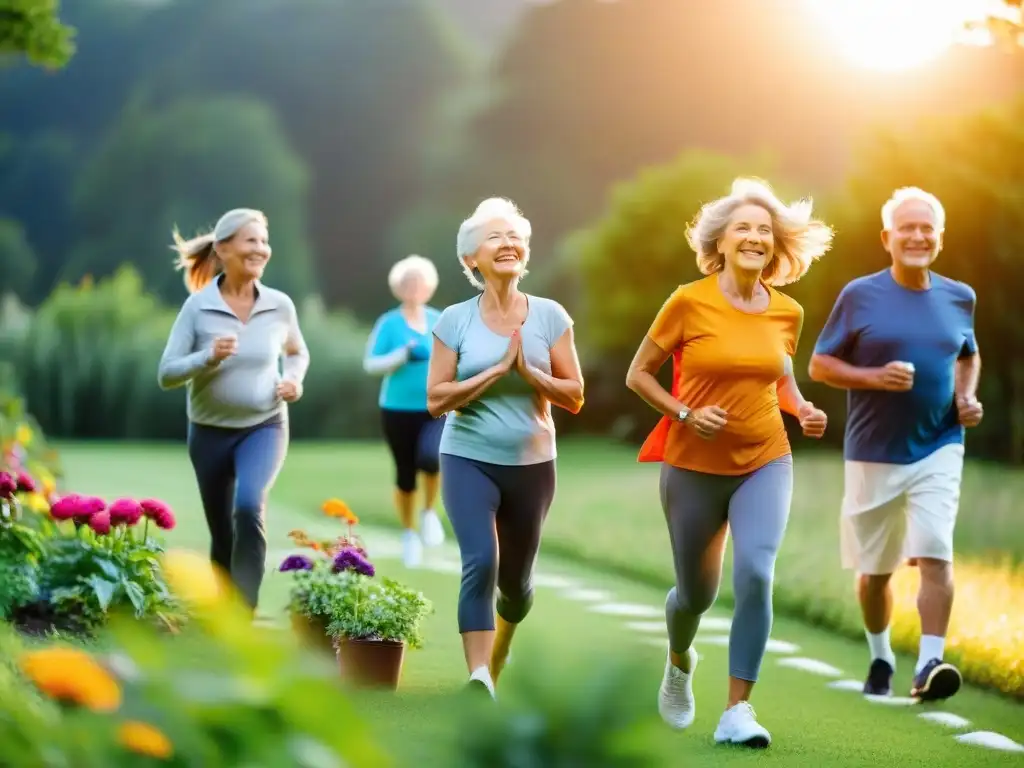 Vitalidad dorada: Personas mayores activas al atardecer Un grupo de personas mayores disfruta de actividades al aire libre como caminar, yoga y jardinería, irradiando vitalidad y bienestar al atardecer, mostrando el impacto positivo de los suplementos para combatir la fragilidad en la vejez