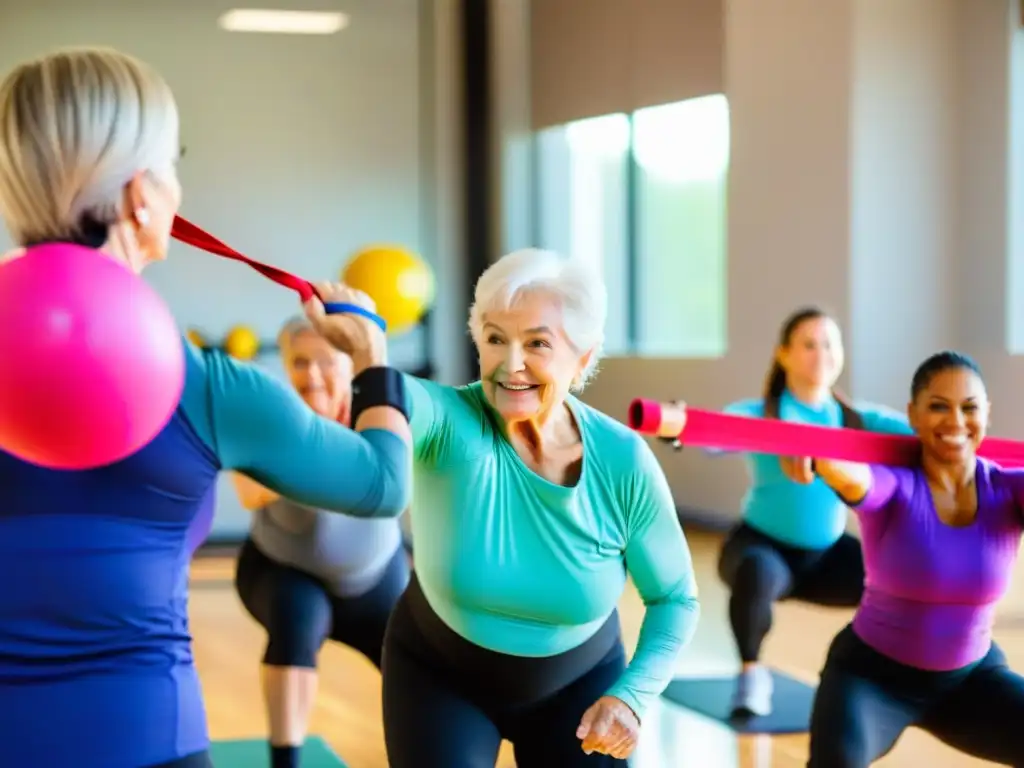 Entrenamiento de fuerza para adultos mayores: vitalidad y energía Un grupo de personas mayores participa en una clase de entrenamiento de fuerza, promoviendo las mejores proteínas para ancianos