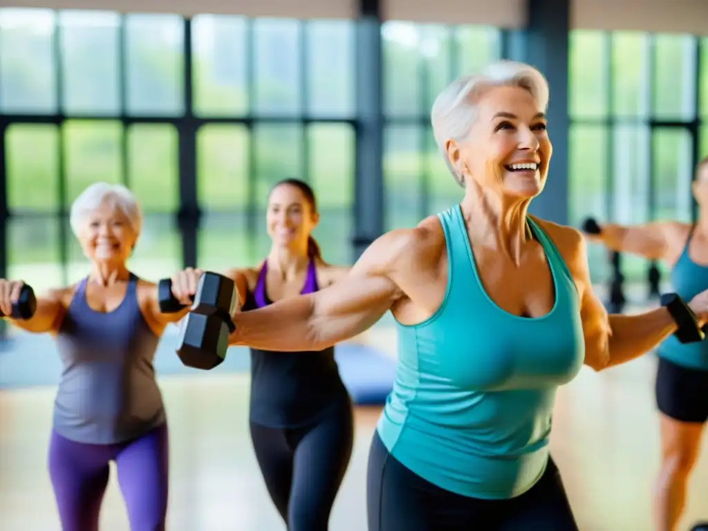Entrenamiento de fuerza para personas mayores en estudio luminoso Grupo de personas mayores participando en una clase de entrenamiento de fuerza en un estudio fitness luminoso y espacioso, utilizando suplementos para combatir fragilidad en la vejez