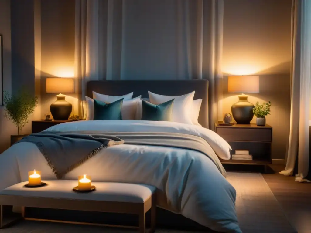 Tranquilidad nocturna en dormitorio lujoso Una habitación acogedora iluminada por la luz de la luna con suplementos naturales para mejorar sueño en la mesita de noche