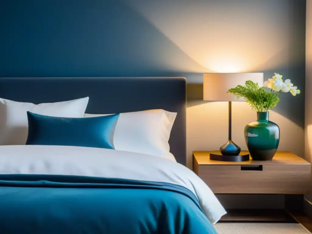 Serena habitación minimalista con cama platform y flores frescas Una habitación serena con decoración moderna, cama minimalista, luz ambiental suave y suplementos de magnesio para dormir