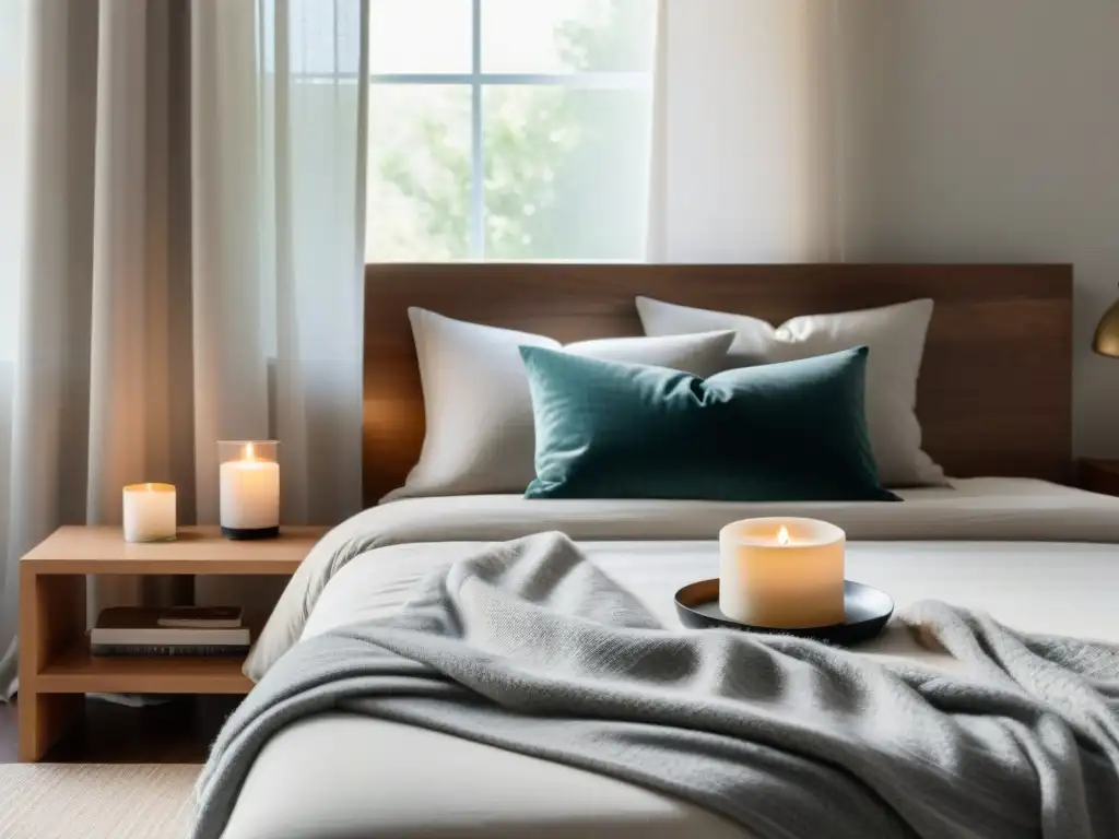 Tranquilo dormitorio minimalista con luz natural Una habitación serena y moderna con luz natural suave, decoración minimalista y suplementos naturales para mejorar sueño