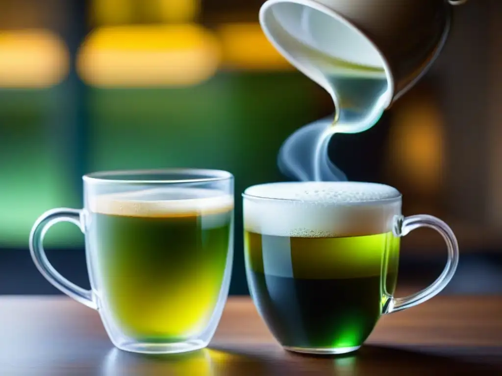 Delicioso contraste: Café y té verde perfectamente preparados Una hermosa comparativa de café y té, mostrando la riqueza de ambos