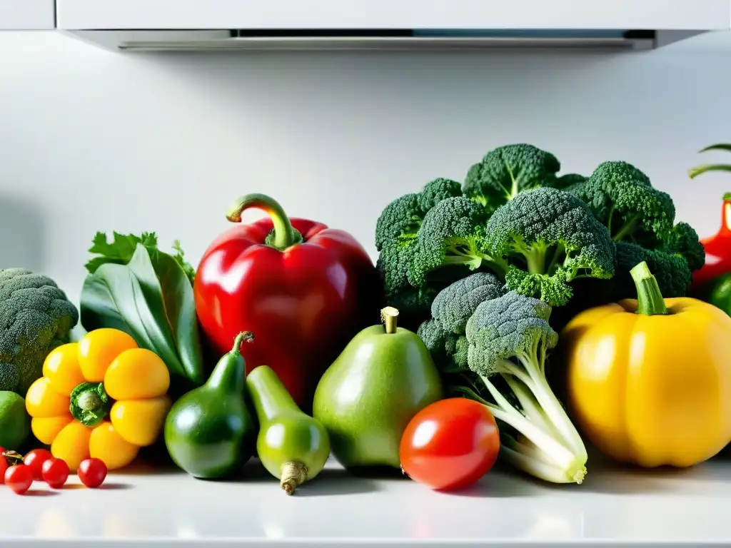 Frescos y coloridos: una explosión de frutas y verduras en la cocina Una hermosa composición de frutas y verduras frescas en una cocina moderna