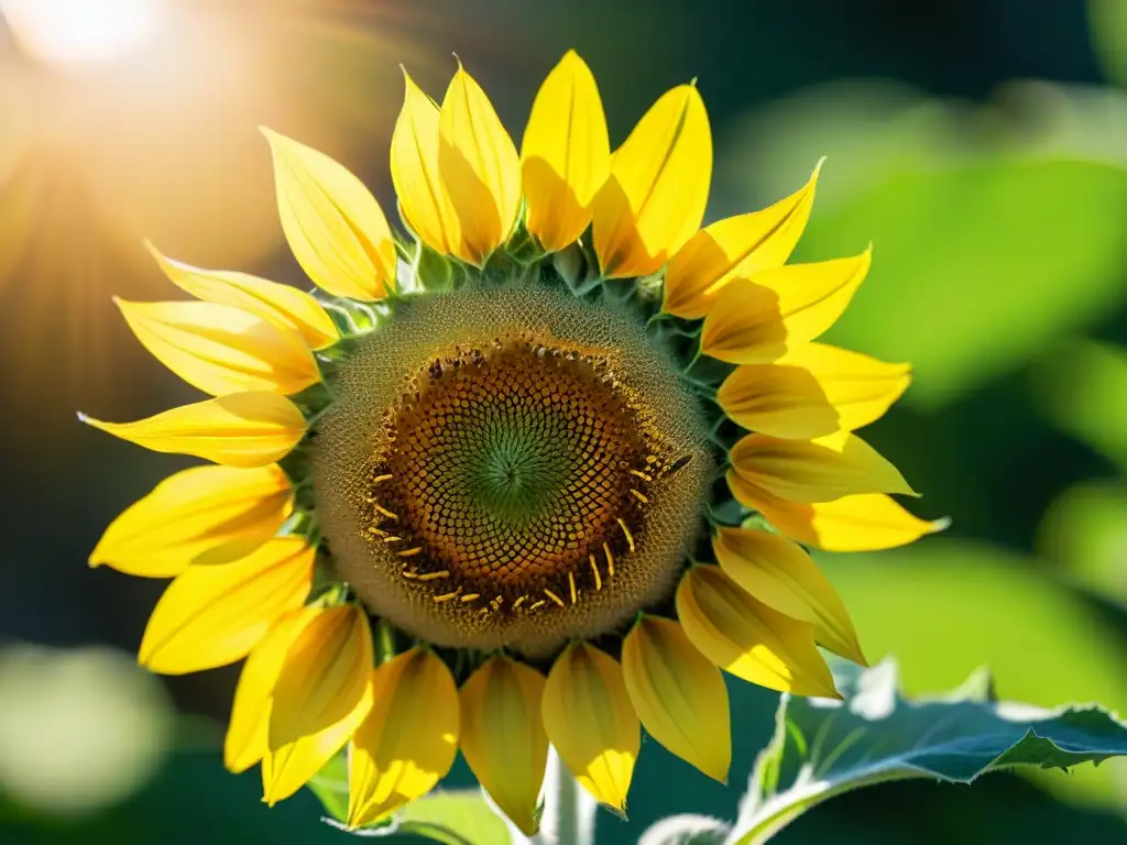 Deslumbrante girasol bañado por la luz dorada Un hermoso girasol bañado por la cálida luz del sol, resaltando sus detalles, en contraste con el follaje verde