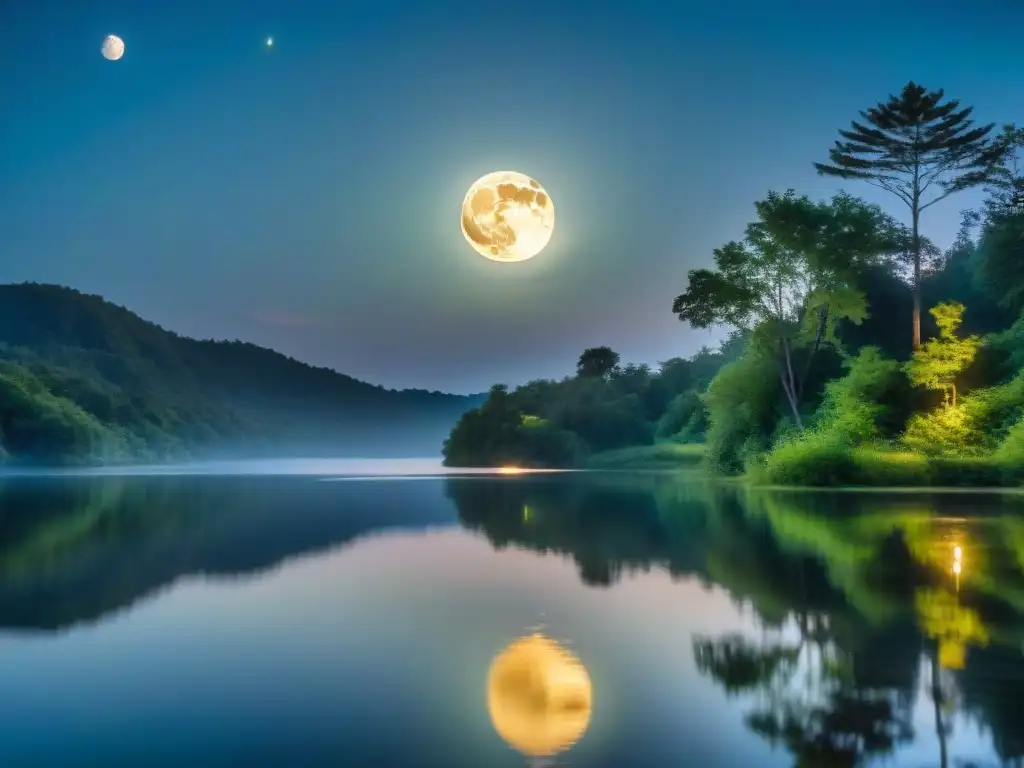 Imagen nocturna serena de un lago tranquilo iluminado por la luna Un hermoso lago nocturno iluminado por la luna, rodeado de exuberante vegetación