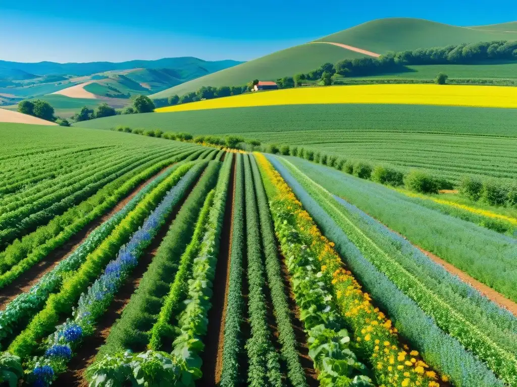 Fotografía de granja orgánica: belleza natural y sostenibilidad Un hermoso paisaje de granja ecológica con cultivos vibrantes bajo cielo azul