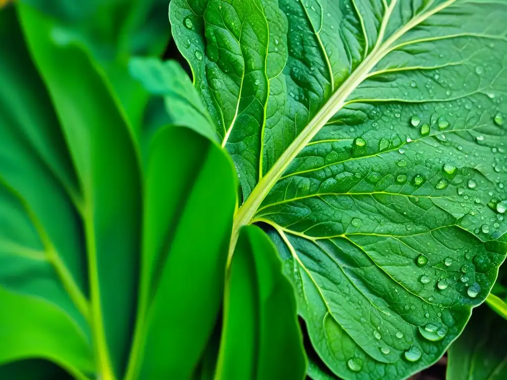Verde fresco: Detalle de hoja húmeda - Alimentos ricos en magnesio Una hoja de vegetal verde brillante, cubierta de gotas de agua, con intricadas venas y texturas