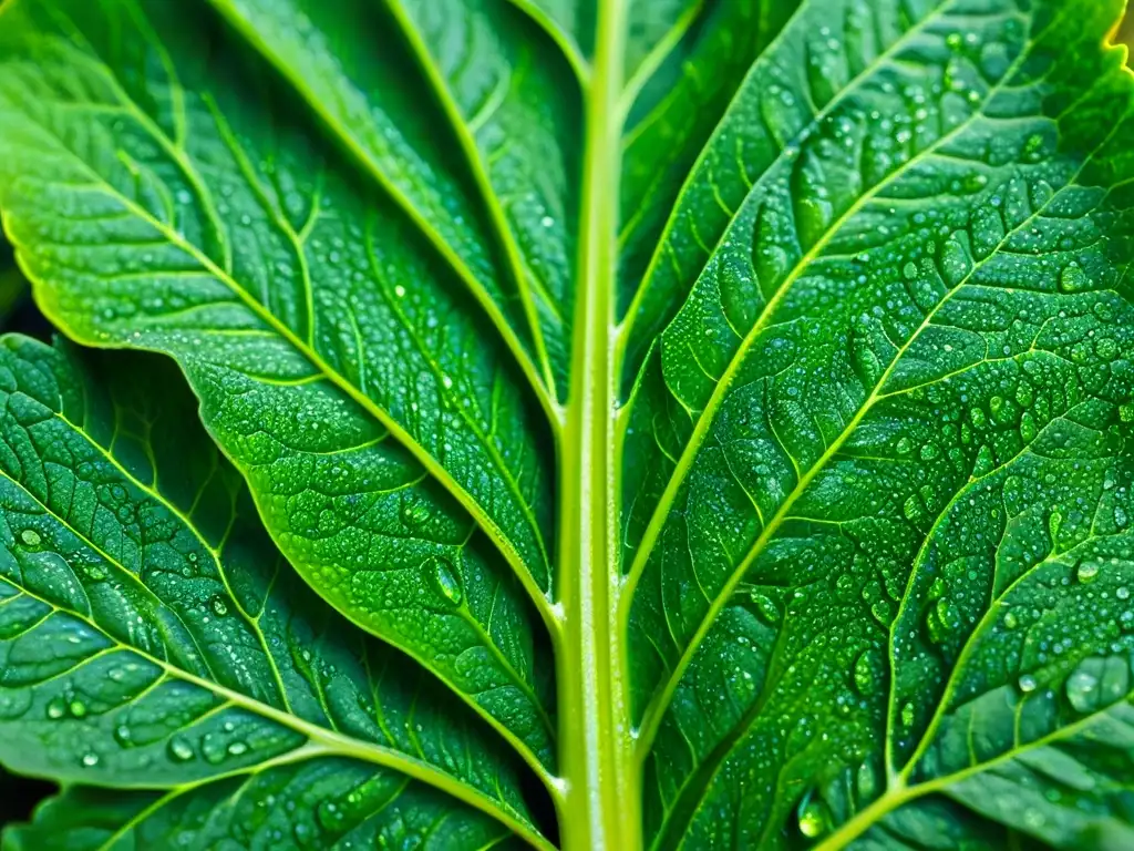 Verdor radiante: Detalle asombroso de hoja verde con rocío al sol Una hoja verde vibrante, cubierta de rocío bajo la suave luz matutina, revela la belleza de la naturaleza y sus beneficios para el corazón
