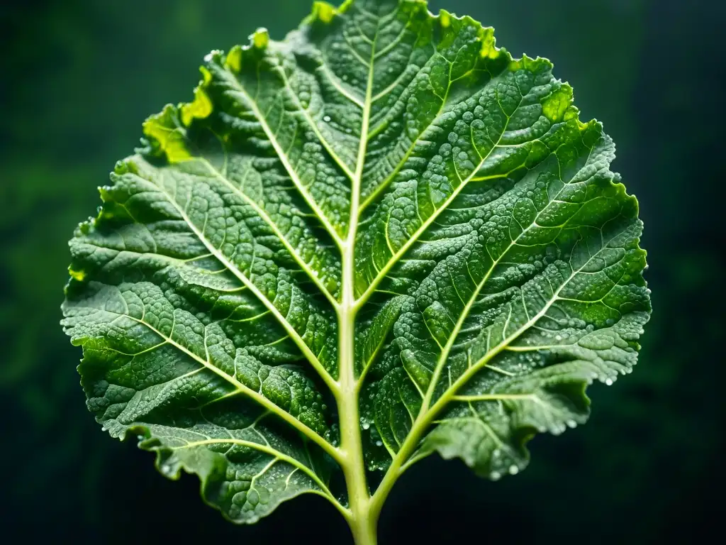 Detalle impresionante de una hoja de col rizada verde, fresca y vibrante Una hoja de kale verde vibrante, detallada y fresca, con gotas de agua sobre ella y venas intrincadas, iluminada por el sol