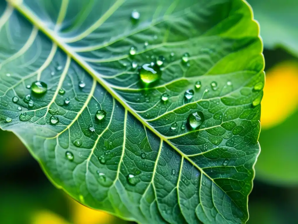 Verdura fresca: hoja verde brillante con gotas de agua Una hoja verde vibrante con gotas de agua brillantes, revelando sus intrincadas venas
