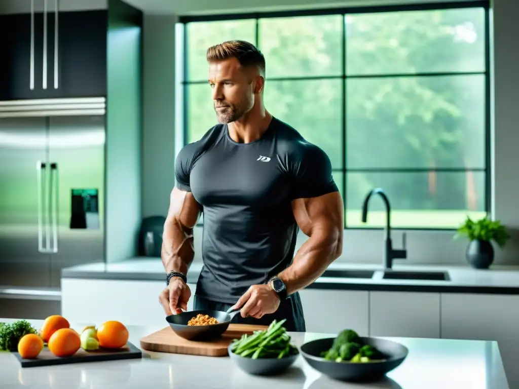 Preparando una comida saludable en una cocina moderna Un hombre musculoso prepara una comida saludable en una cocina moderna y luminosa, reflejando una dedicación a la nutrición y el fitness