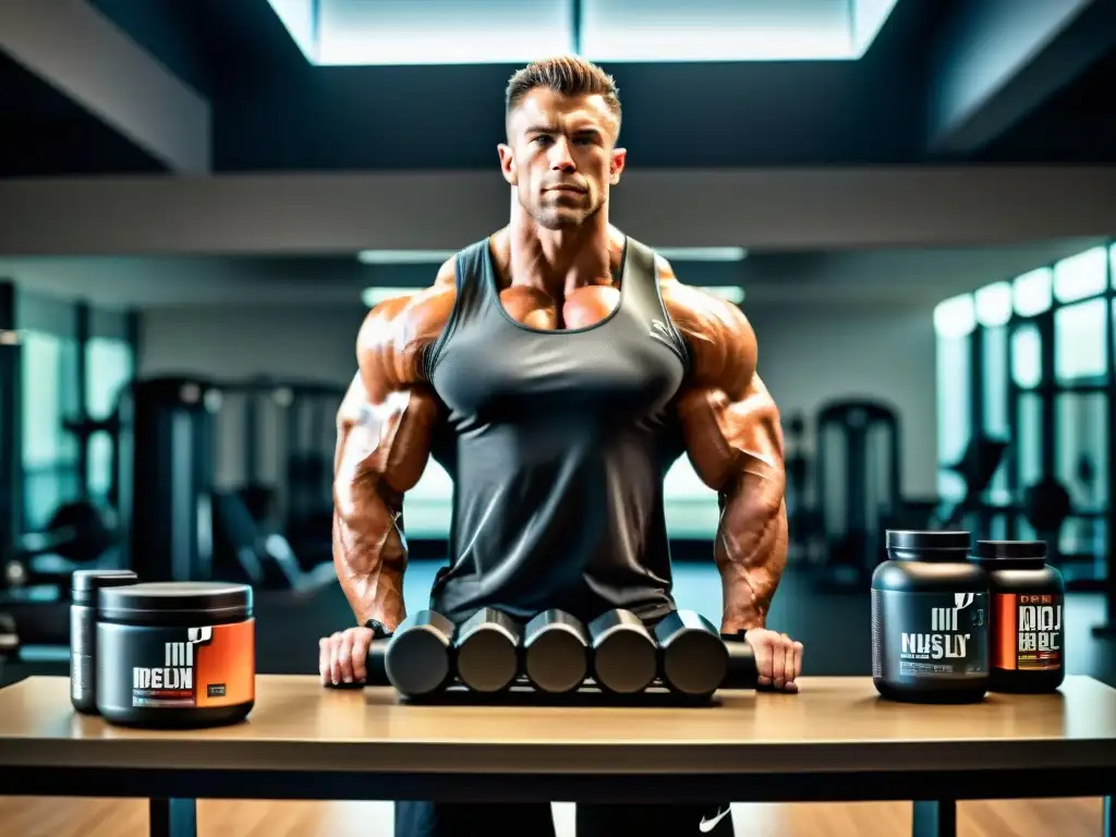 Superación en el gimnasio: hombre musculoso rompe barrera con suplementos Un hombre musculoso en el gimnasio rompe una meseta, rodeado de suplementos envasados de forma minimalista