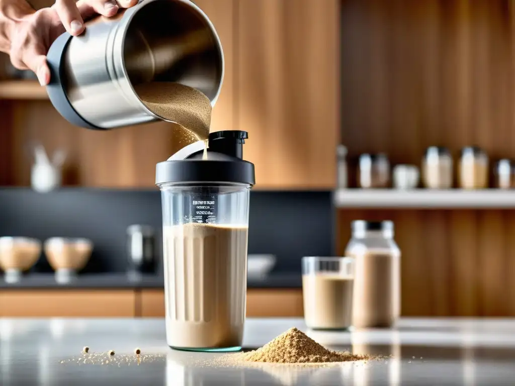 Preparación de batido de proteínas en cocina moderna Un hombre musculoso mezcla proteína en polvo en un shaker en una cocina moderna