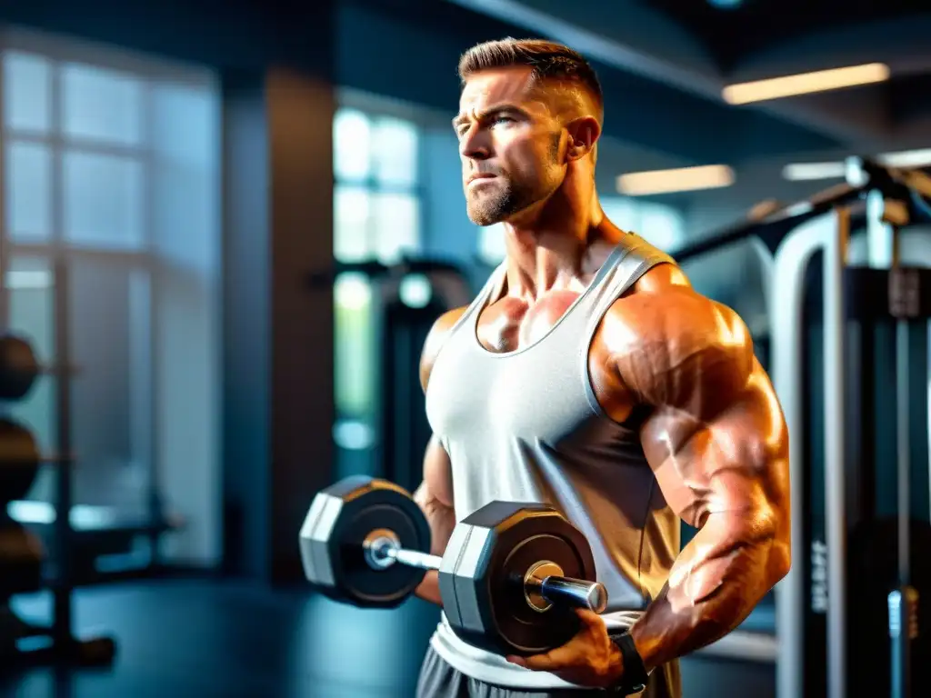 Musculatura definida y determinación en un gimnasio moderno Un hombre musculoso levanta pesas en un gimnasio moderno, con determinación y sudor brillando en sus músculos definidos