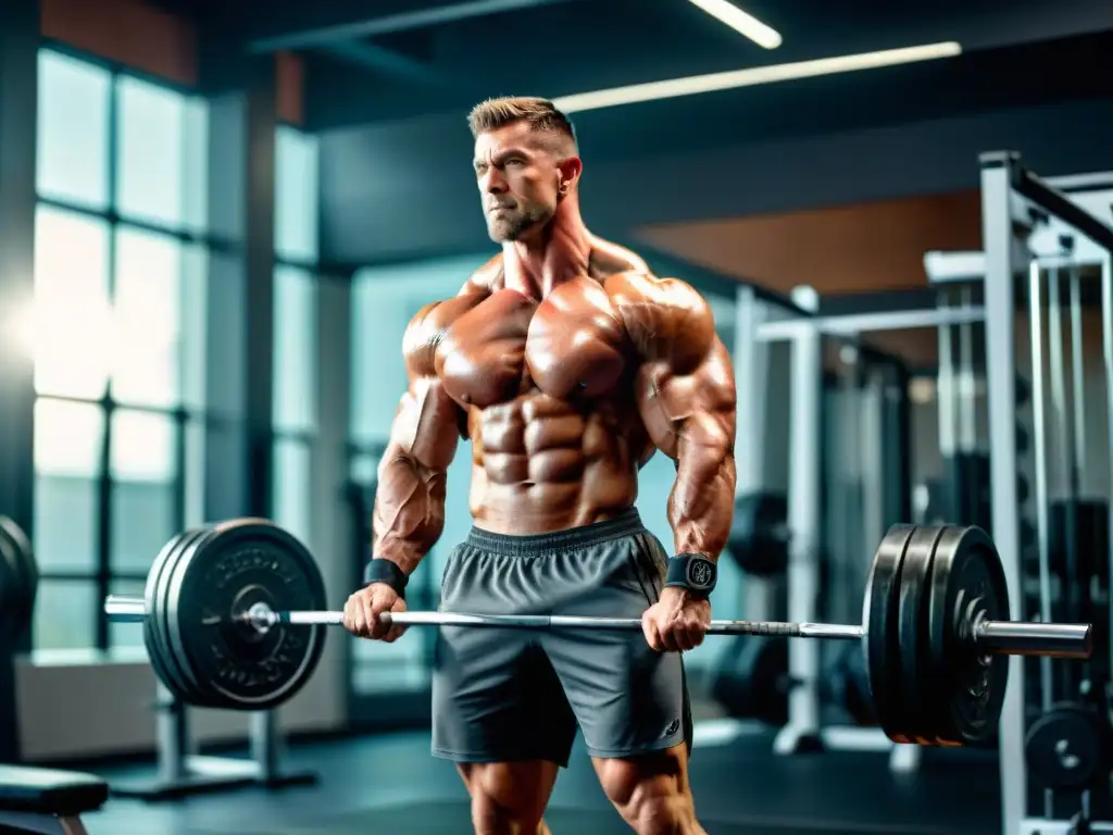 Musculoso levantando pesas en un gimnasio moderno Un hombre musculoso levanta pesas en un gimnasio moderno, transmitiendo intensidad y dedicación