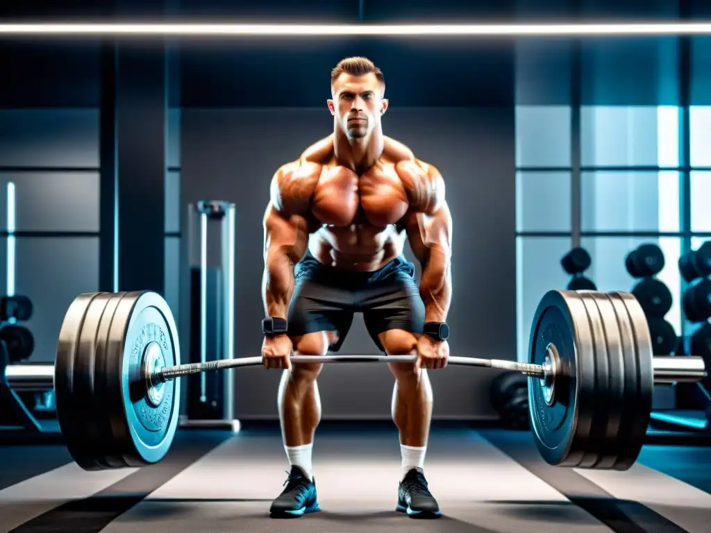 Deadlift intenso en un gimnasio futurista Un hombre musculoso levanta pesas en un gimnasio futurista