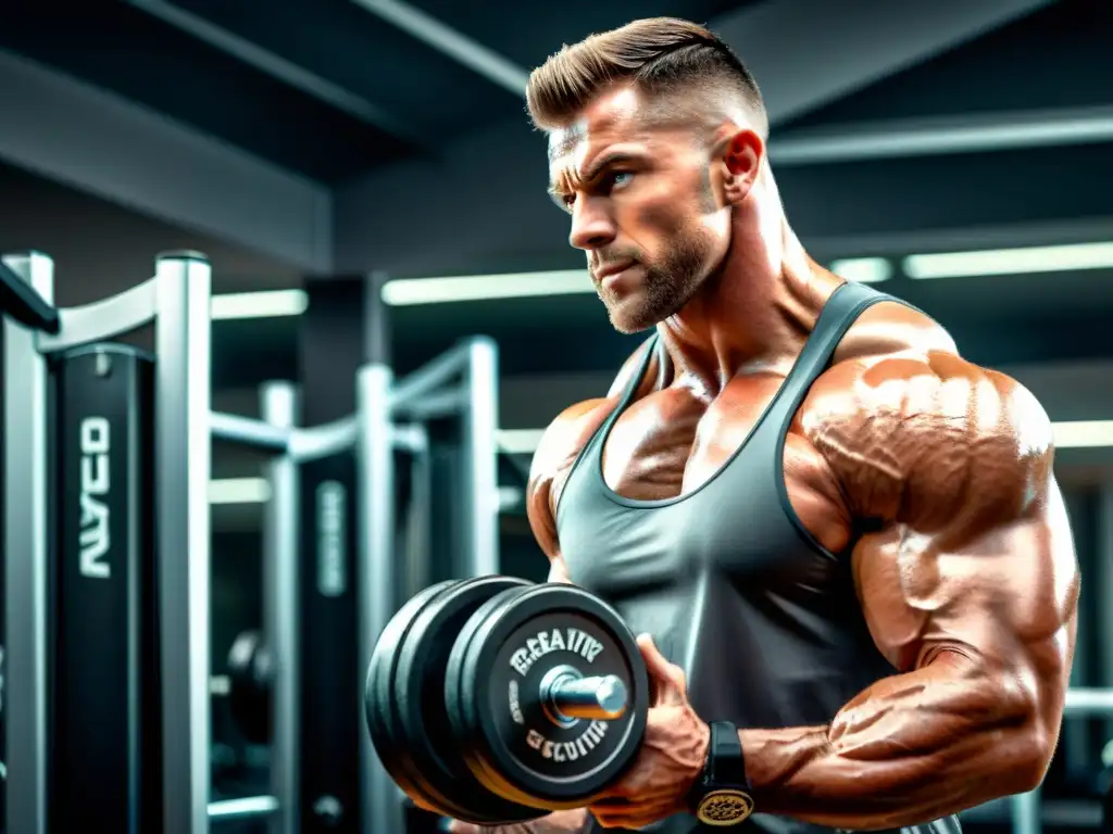 Explosión muscular: Crece con creatina en un gimnasio moderno Un hombre musculoso levanta pesas en un gimnasio moderno, mostrando el crecimiento muscular explosivo de la creatina