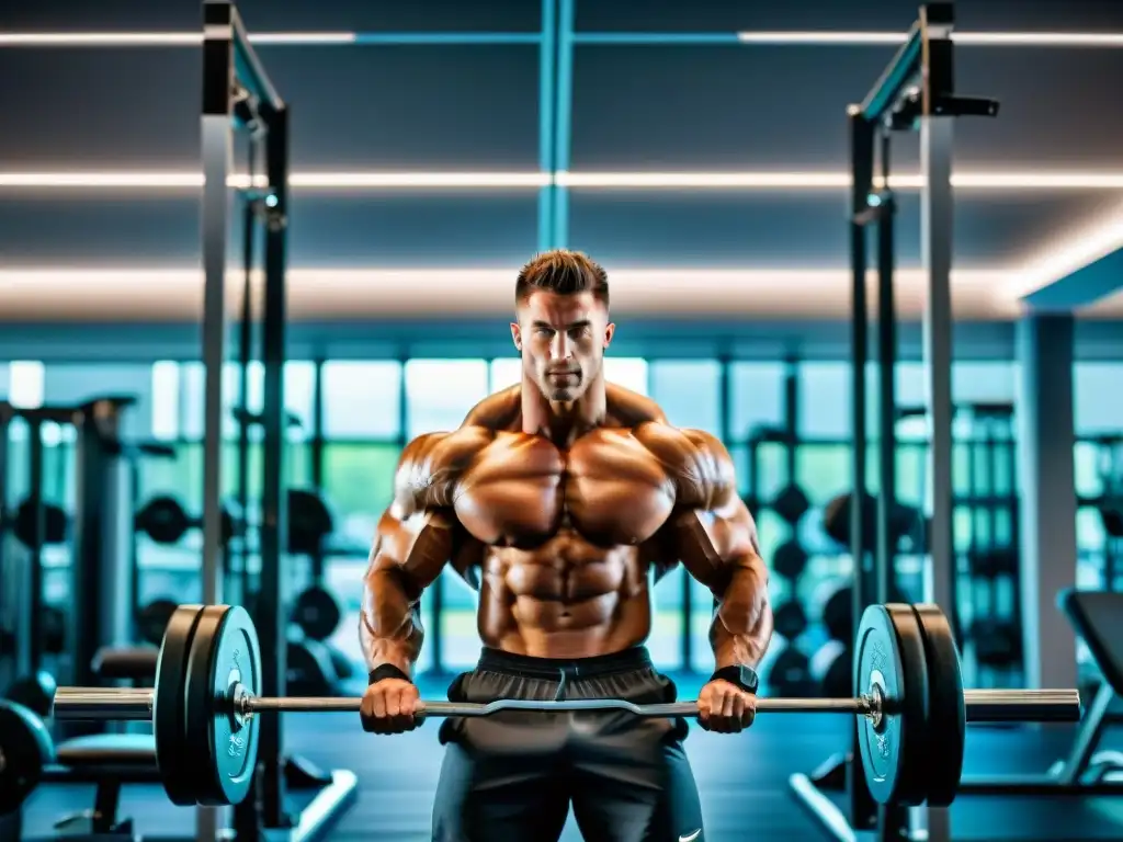 Musculoso levantando pesas en gimnasio de vanguardia Un hombre musculoso levanta pesas en un gimnasio moderno, destacando los beneficios de la creatina para el crecimiento muscular explosivo