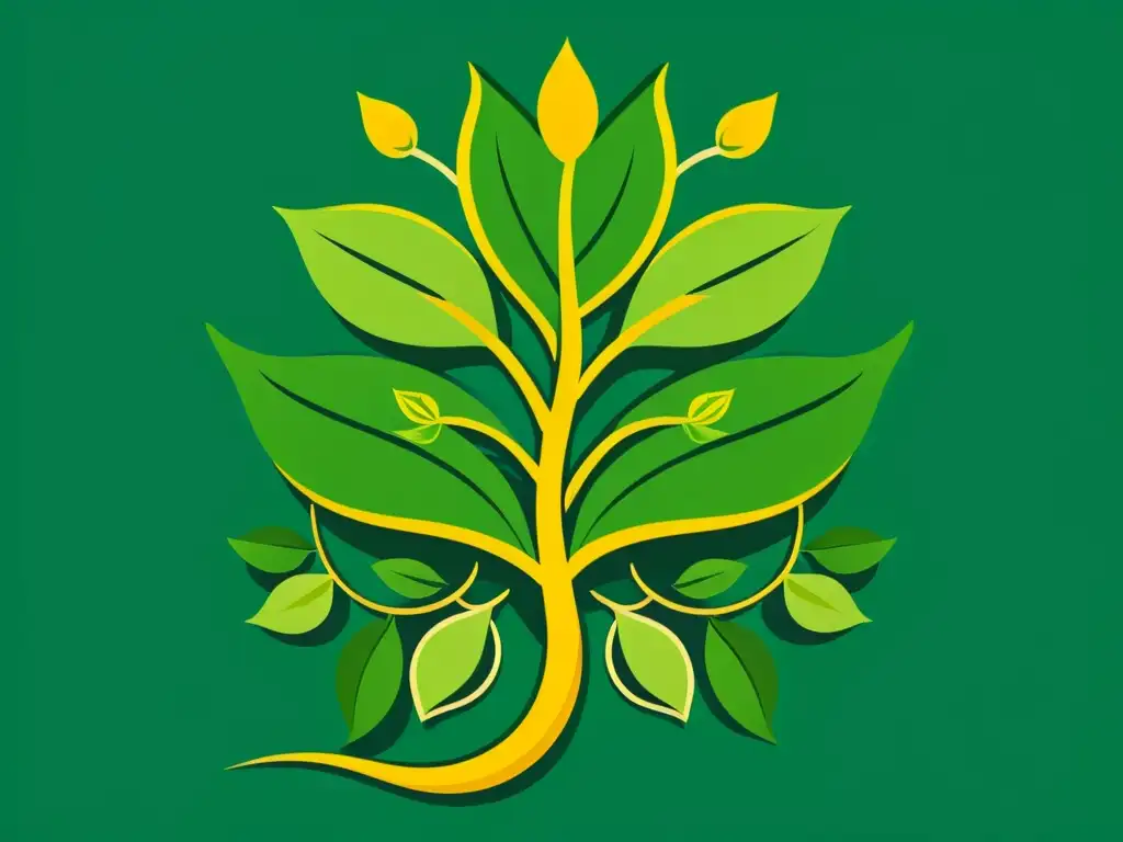 Ilustración moderna de planta de ashwagandha Una ilustración moderna y vibrante de una exuberante planta de ashwagandha rodeada de líneas doradas, evocando energía y vitalidad