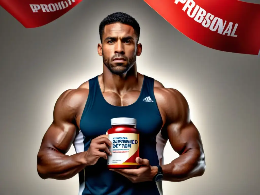 Imagen impactante de atleta con suplementos prohibidos Imagen de atleta con suplementos prohibidos, expresión preocupada y fondo de advertencias
