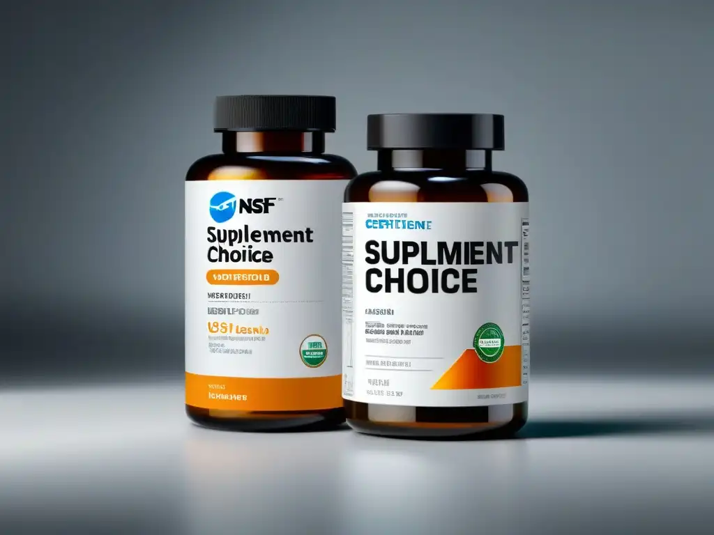 Certificaciones de calidad: InformedChoice, NSF, USP en botellas Imagen de tres botellas de suplementos con certificaciones InformedChoice, NSF Certified for Sport y USP Verified, protegiendo al consumidor
