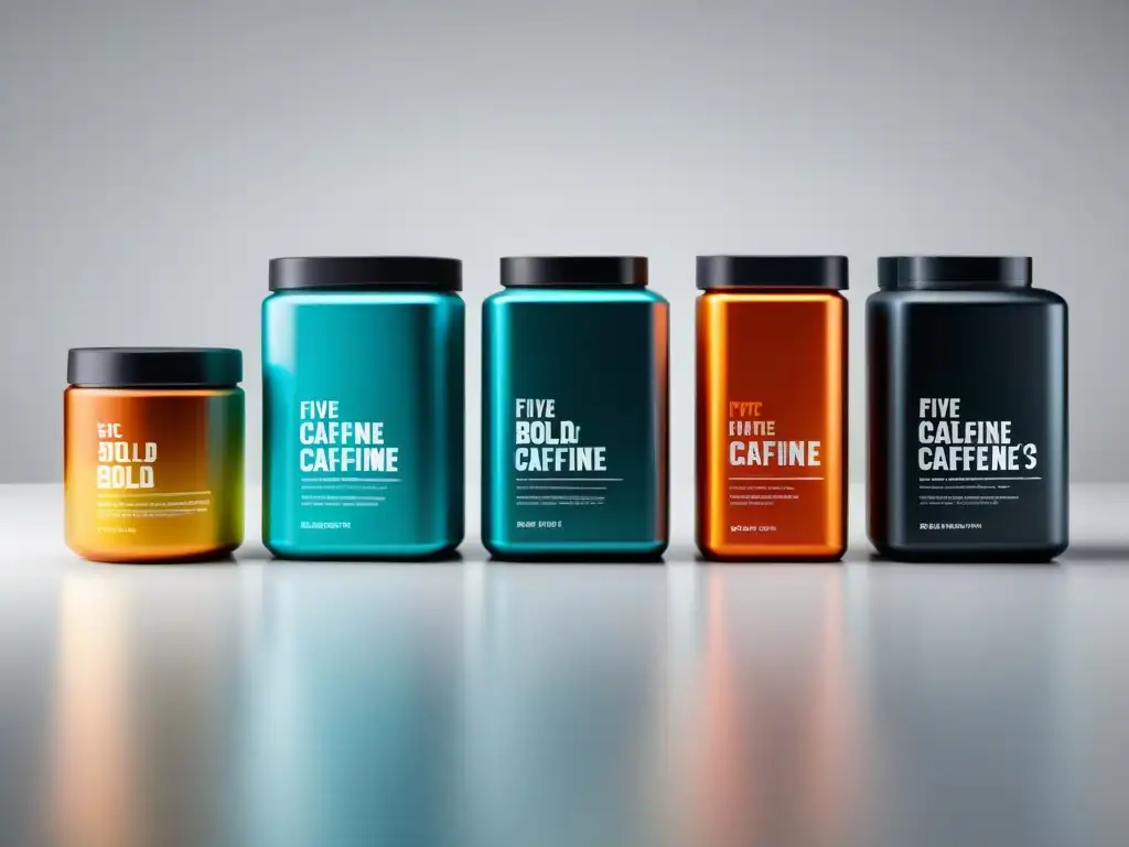 Suplementos de cafeína: Modernos envases de alta energía Imagen de contenedores modernos de suplementos de cafeína con diseño profesional, colores vibrantes y beneficios destacados para atletas
