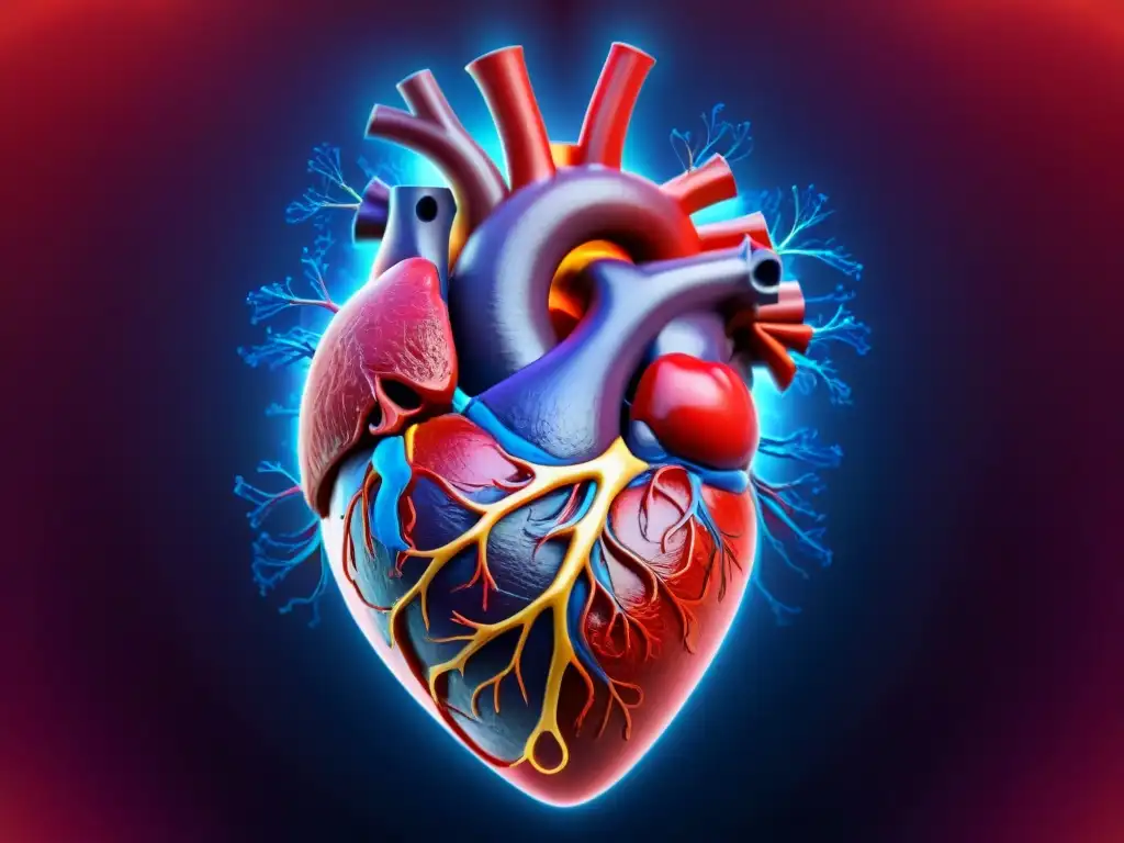 Vitalidad cardiaca: Imagen ultradetallada del corazón humano en movimiento Imagen del corazón humano latiendo con vitalidad, destacando su red de vasos sanguíneos