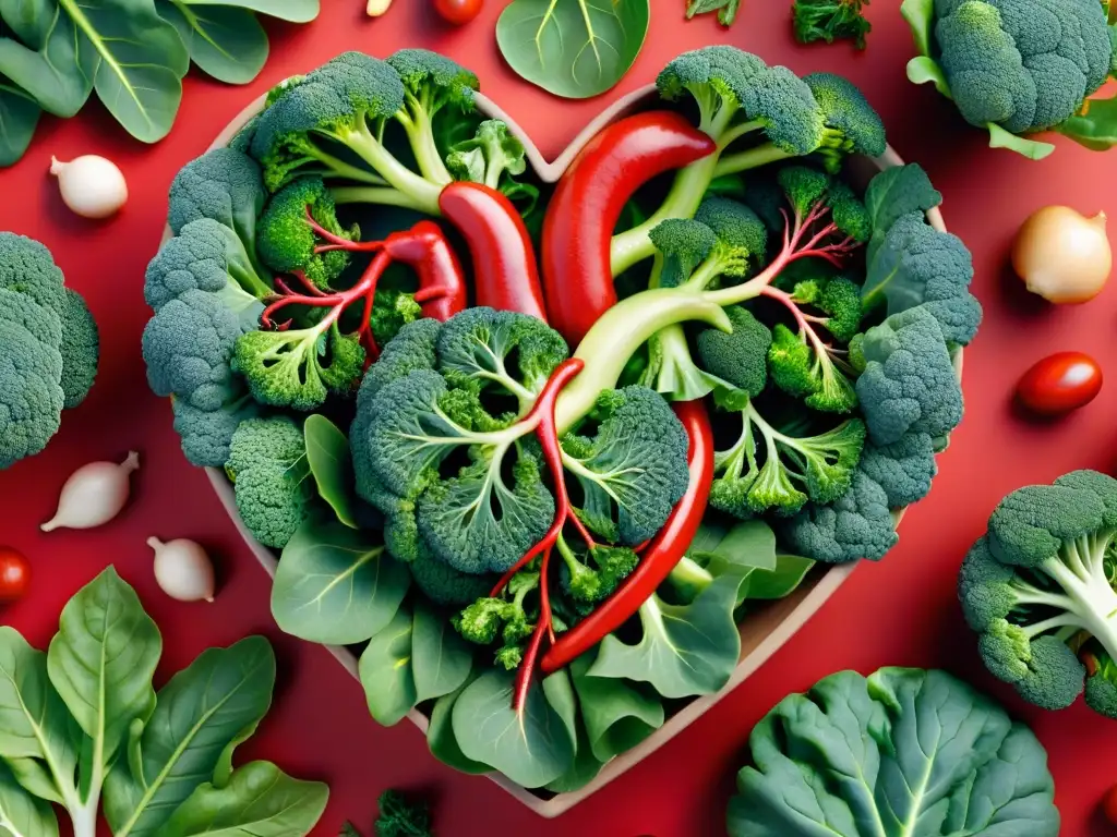 Corazón saludable rodeado de vegetales ricos en vitamina K Imagen de un corazón sano rodeado de vegetales verdes y alimentos ricos en vitamina K, transmitiendo vitalidad y beneficios para el corazón