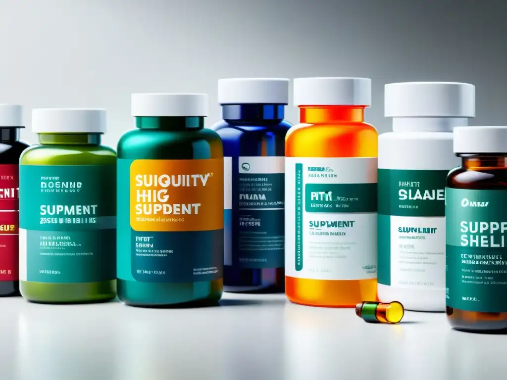 Suplementos de calidad en un diseño moderno y confiable Una imagen detallada de botellas de suplementos de alta calidad en un elegante mostrador blanco, irradiando profesionalismo y confiabilidad