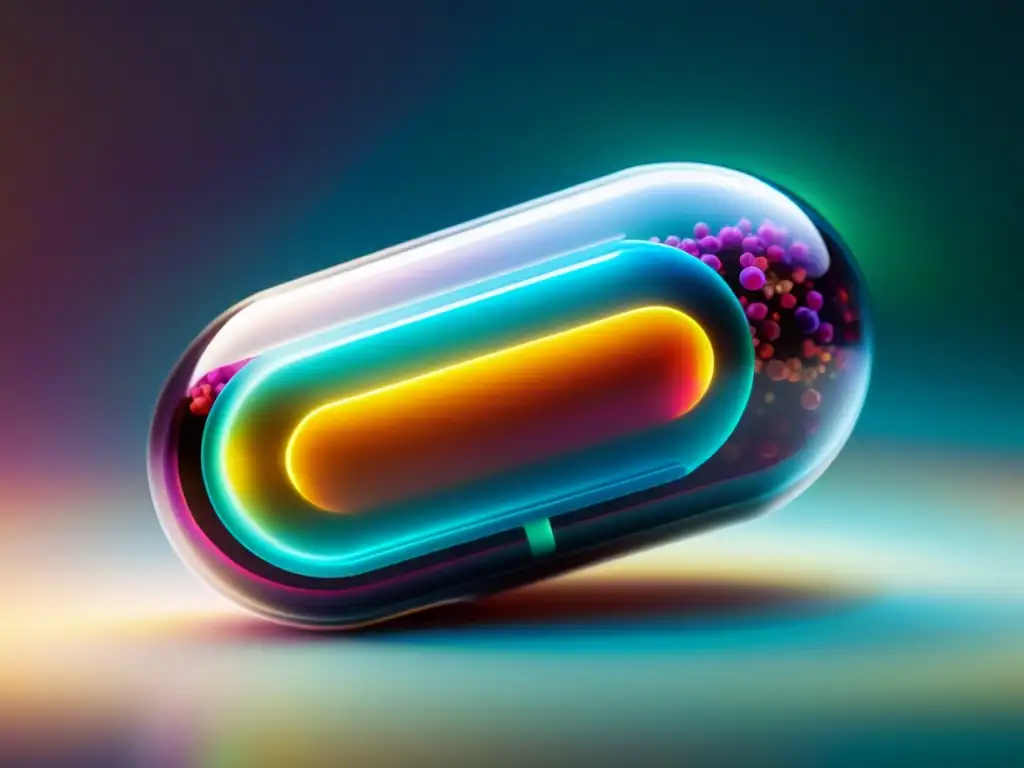 Probióticos vibrantes en cápsula transparente Imagen detallada de una cápsula transparente llena de probióticos vibrantes, rodeada de microorganismos