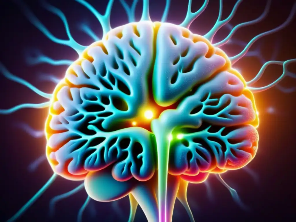 Vibrante energía cerebral: Coenzima Q10 en acción Una imagen detallada del cerebro humano con patrones de energía vibrantes de coenzima Q10, simbolizando sus beneficios para el cerebro