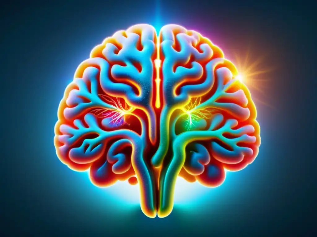 Brain Health: Brillo neural y Coenzima Q10 Una imagen detallada de un cerebro humano vibrante y saludable con vías neurales brillantes, y la superposición sutil de una molécula de coenzima Q10, mostrando los beneficios para el cerebro