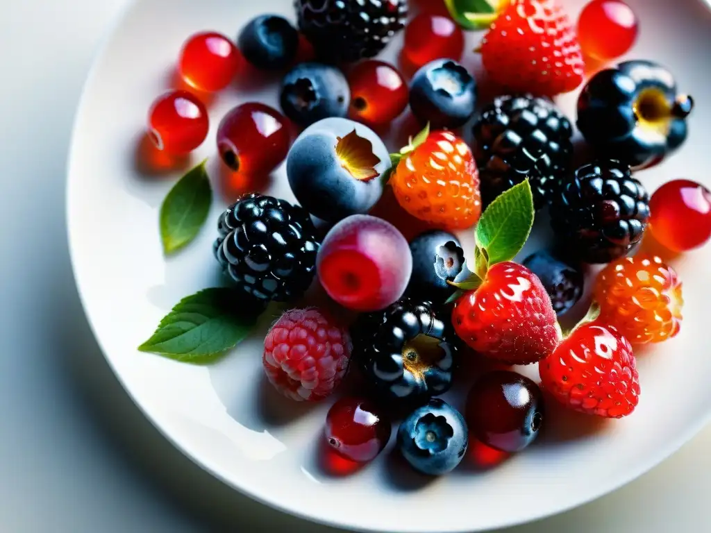 Deliciosas bayas antioxidantes en plato blanco Una imagen 8k detallada de bayas coloridas en un plato blanco, resaltando sus texturas y tonos vibrantes bajo la luz natural