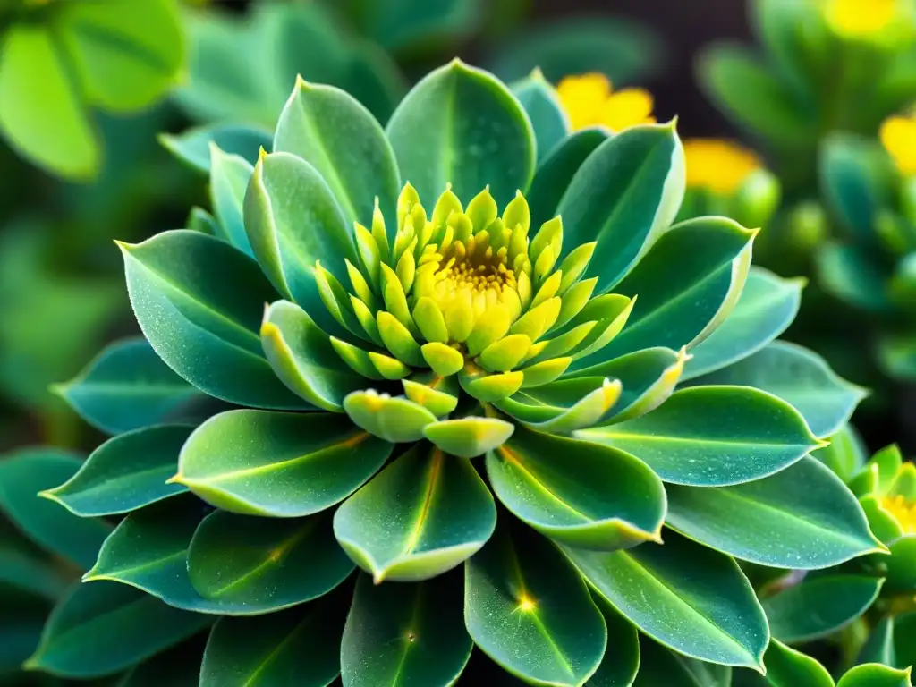 Rhodiola Rosea: Detalles vibrantes de una planta llena de vida Una imagen detallada de una exuberante planta de Rhodiola Rosea con gotas de rocío brillando en sus hojas verdes y flores amarillas