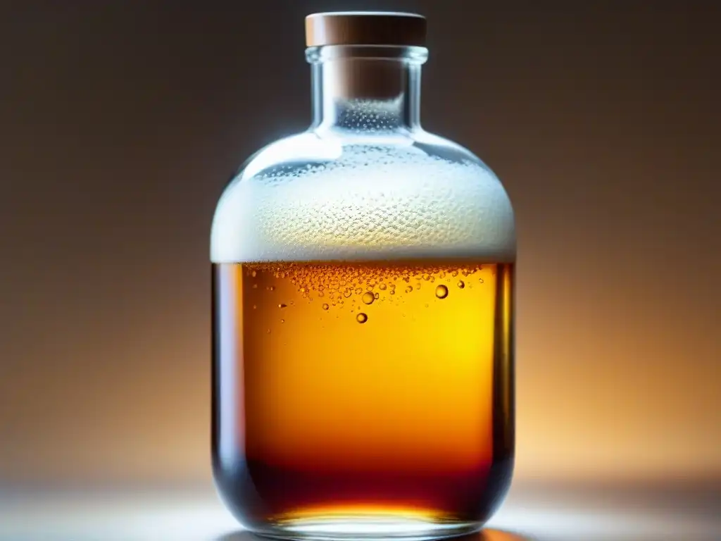 Flask de ámbar con líquido burbujeante Una imagen detallada de un frasco de vidrio lleno de líquido burbujeante, iluminado por una cálida luz dorada