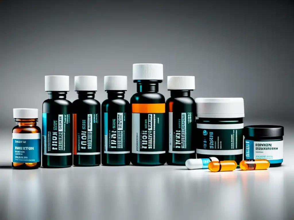 Medicamentos recetados: detalle impactante Una imagen detallada muestra varios frascos de medicamentos y blister packs en un elegante fondo blanco y negro
