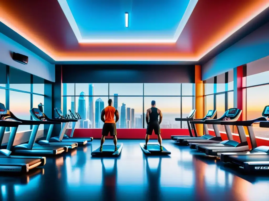 Gimnasio futurista con atletas y suplementos nootrópicos Imagen detallada de un gimnasio futurista con atletas usando suplementos nootrópicos para atletas, equipamiento de vanguardia y colores vibrantes