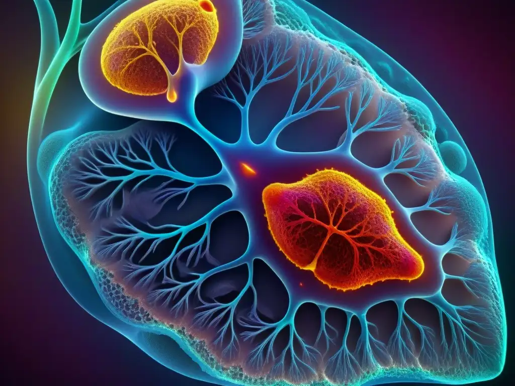Microscopio: Detalle celular del hígado sano y su actividad metabólica Imagen detallada de un hígado sano a nivel celular, resaltando la red de hepatocitos y sinusoides
