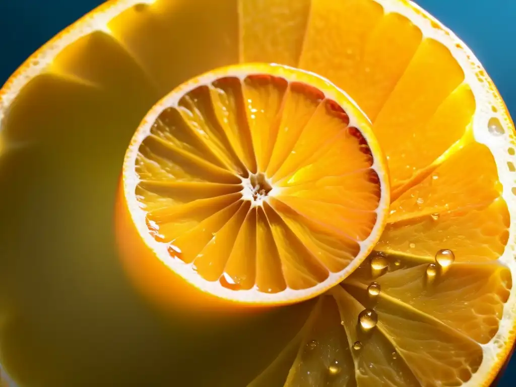 Una imagen detallada de un jugoso y soleado naranja siendo exprimida, con gotas de jugo suspendidas en el aire, capturando la luz del sol