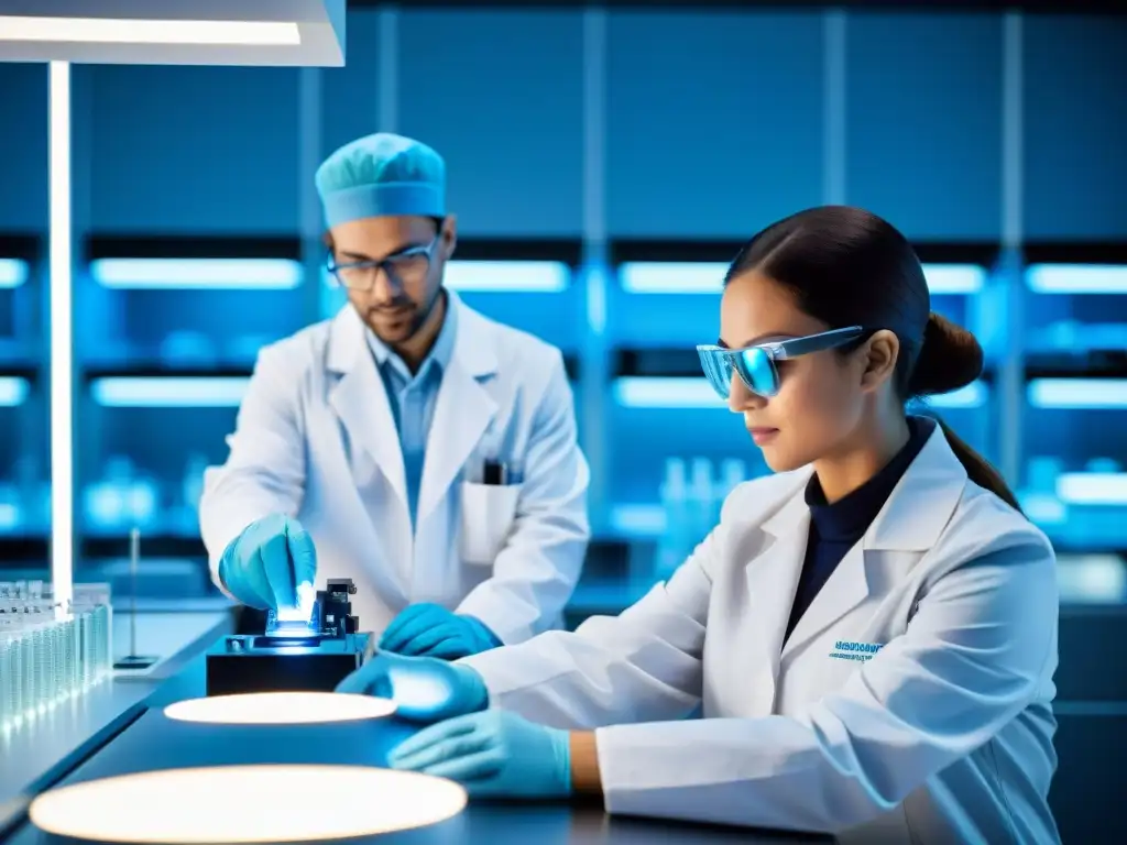 Avanzada manipulación de nanotecnología en laboratorio estéril Imagen detallada de un laboratorio futurista y estéril donde los científicos manipulan componentes de nanotecnología bajo aumento
