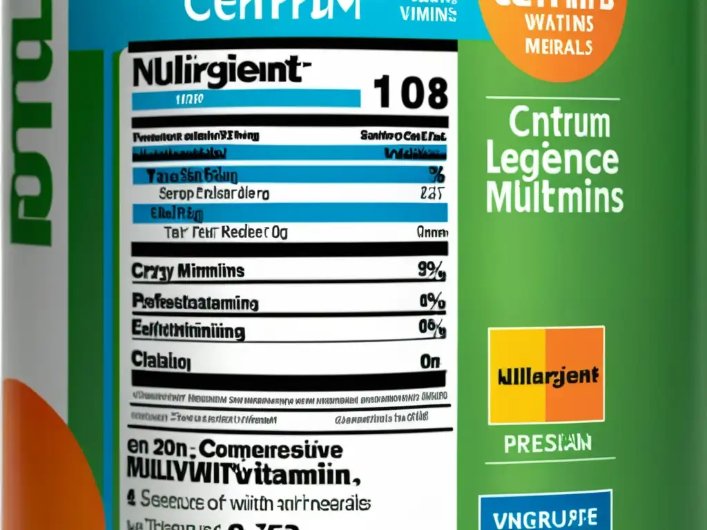 Lista de ingredientes de Centrum: vitaminas y minerales en detalle Una imagen detallada del listado de ingredientes en el empaque de los multivitamínicos Centrum, con colores vibrantes y texto nítido, transmitiendo confianza en la efectividad de los multivitamínicos Centrum