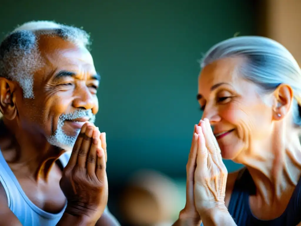 Yoga para adultos mayores: equilibrio y vitalidad Imagen detallada de una pareja mayor practicando yoga juntos, mostrando fuerza y flexibilidad