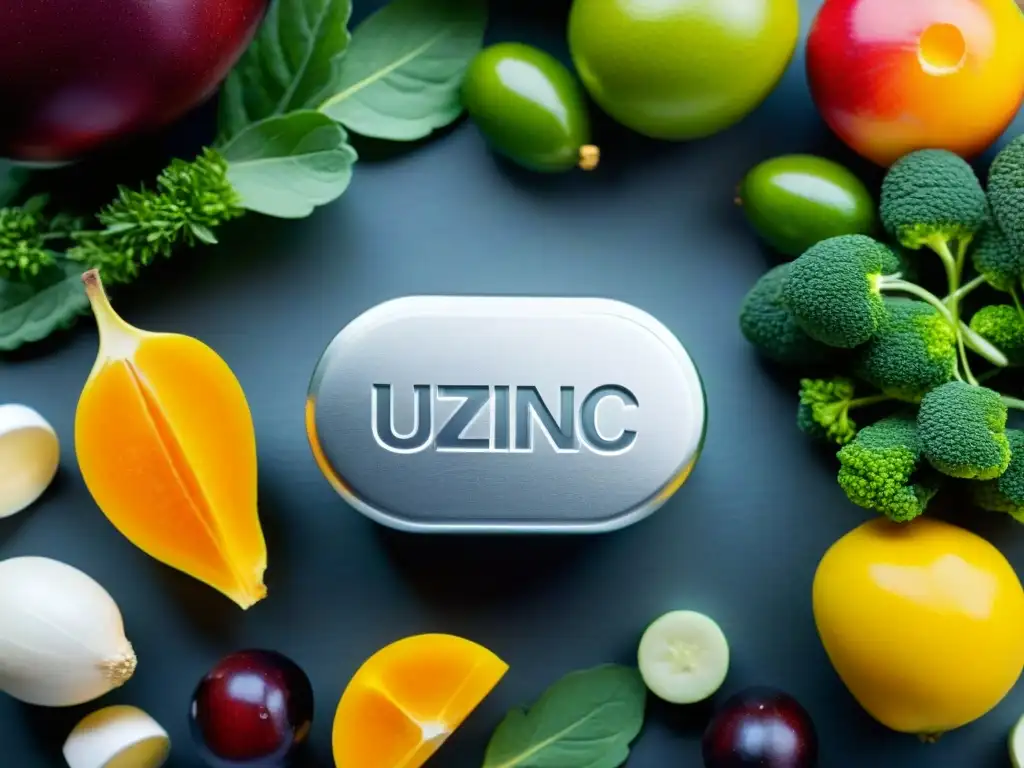 Suplemento de zinc junto a frutas y verduras vibrantes Una imagen detallada muestra una pastilla de suplemento de zinc brillante rodeada de frutas y verduras vibrantes